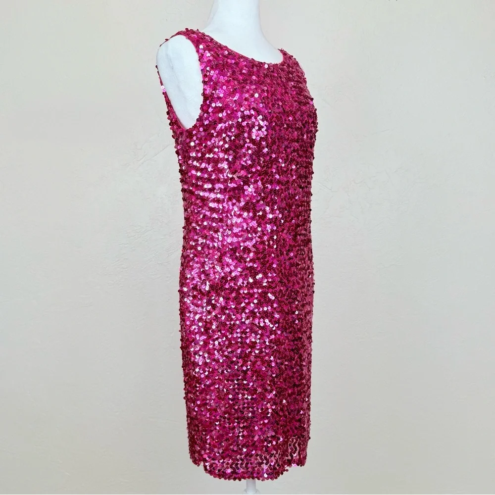 Vintage 1980s Night Line Silk Barbie Pink Sequin Sleeveless Dress Size 10 M - Picture 3 of 16